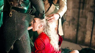 Rebecca More taking care of three dicks in a porn parody