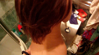 Brunette babe gets fucked hard in the bathroom