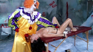 Well hung clown fucks a costumed porn star in his room