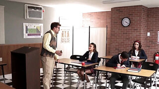 Classroom action with two hot babes and one girthy dick