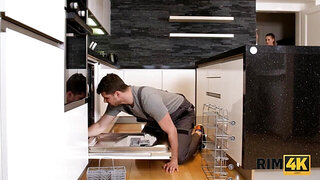 Boy entices Eveline Dellai into asslicking