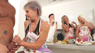 Mature sluts are set to share this young beast in loud gangbang