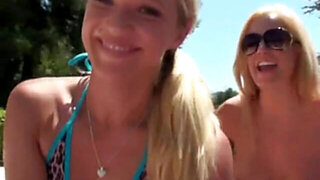 Drunken Party Girls Sharing One Dick Outdoors By Pool
