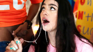 Busty baddie getting blowbanged by the footblal fans