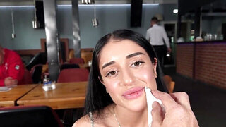 Tiny girl with a gorgeous face rides dick in restroom