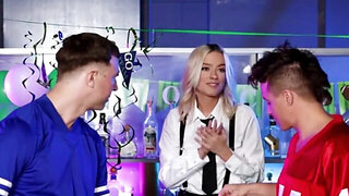 Blonde with a tight hole gets to take two dicks at once