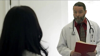 Bearded doctor checks brunette woman's asshole using hard dick