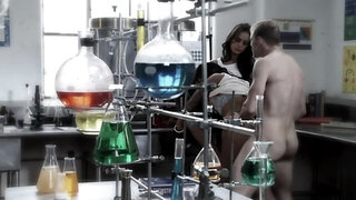 Two fabulous brunettes are fucking in the chemical laboratory
