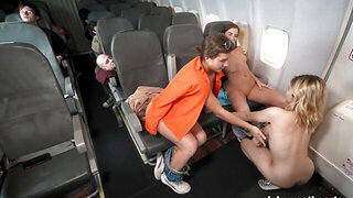 Seductive orgy stewardesses cums together in public