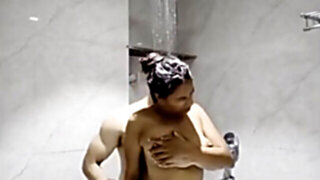 Big assed Indian girl sucks his cock under the shower