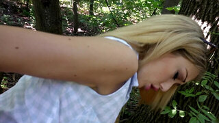 A chick with small tits if getting fucked hard in the forest