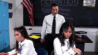 Perverse teacher has two teen sluts ALL over his dick