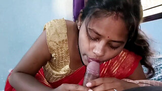 Indian babe wearing a saree gives a blowjob and rides