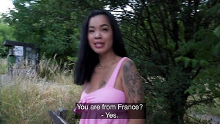 Inked and busty Asian teen fucks her new friend outdoors