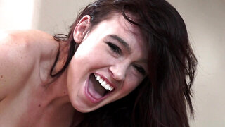 Wild brunette gal in red fishnets fucks her twat with sex toys