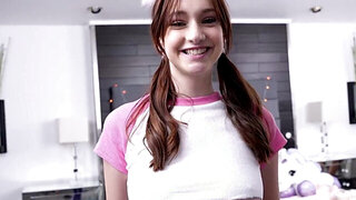 Tiny babe fucks herself and makes the guy want her SO hard