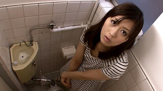 Slender Asian brunette gets banged in the public toilet