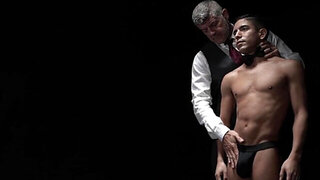 Hairy bear with tattoos getting frisky with a skinny ten