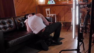 Amber Summer is facefucked on the leather couch