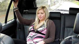 Blonde fucks till jizz in fake taxi