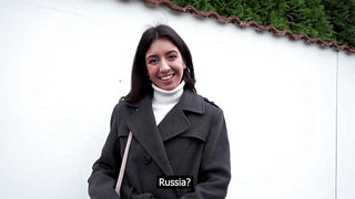 Horned up brunette takes care of a random man's cock