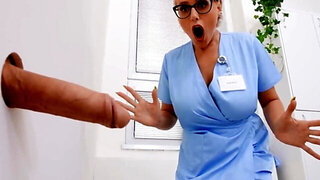 Nerdy blonde nurse with big tits practices anal sex before shift