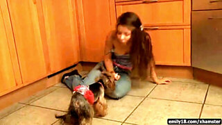 Teenager striptease in the kitchen