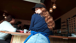 Petite redhead gets fucked and sucked in busy coffee shop