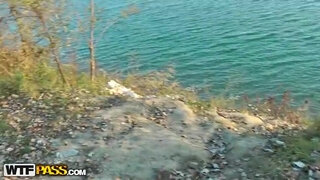 Blonde sucking near the lake