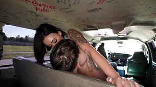 Skinny brunette with huge tits rides a stranger's dick