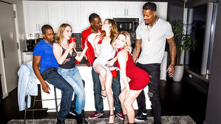 Sex party in the kitchen with three blondes and three BBC studs