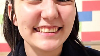 Playful teen swallows a huge hard wood before a pussy fuck