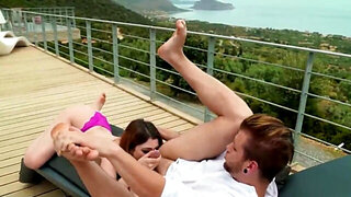 French seductress rims roomie on the patio