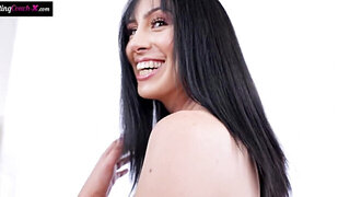 Horny Latin babe with a soaked pussy takes his boner