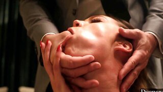 Thick blonde with natural boobs playing in the living room