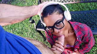 Naughty black female sucks and gets vaginal punishment outdoors