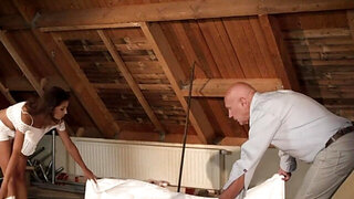 Leggy brunette girl feeds her toes to a kinky old fucker