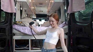Cute ginger has fun with her BF in the back of his trailer