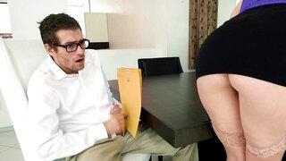 A brunette with large tits is riding a hard cock like a pro in the office