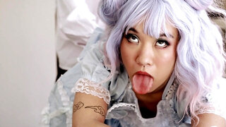 Asian cosplay hottie enjoys oral foreplay before taking BF's dong