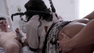 Hot girl with a fantastic ass is having sex with two men