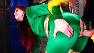 Naughty redhead girl is fucked through a hole on her costume