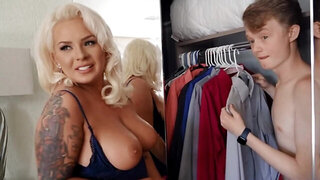 Blonde with hungry pussy talked the young man to bonk her