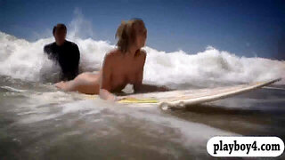 Warm honies surfing and deep river fishing while all nude