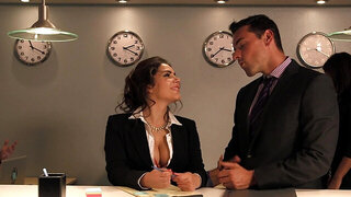 Slutty secretary gets stuck in elevator with two fuckers