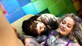 Inked slut and her bestie have intense anal threeway with friend
