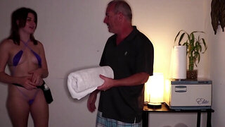 Alex shows her natural tits while giving a massage