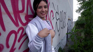 Public masturbator ends up sucking cock and taking cum on pussy