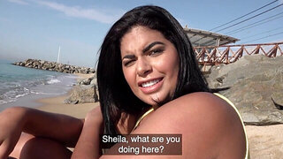 Public beach bang with a viscerally attractive babe